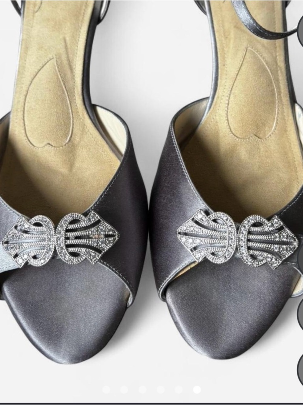 Satin Open-Toe Heels with Crystal Accent in Grey
